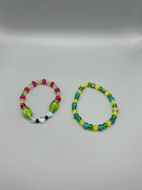 Beaded Stretch Bracelet Set - Neon Green & Pink - Handmade #B0300C